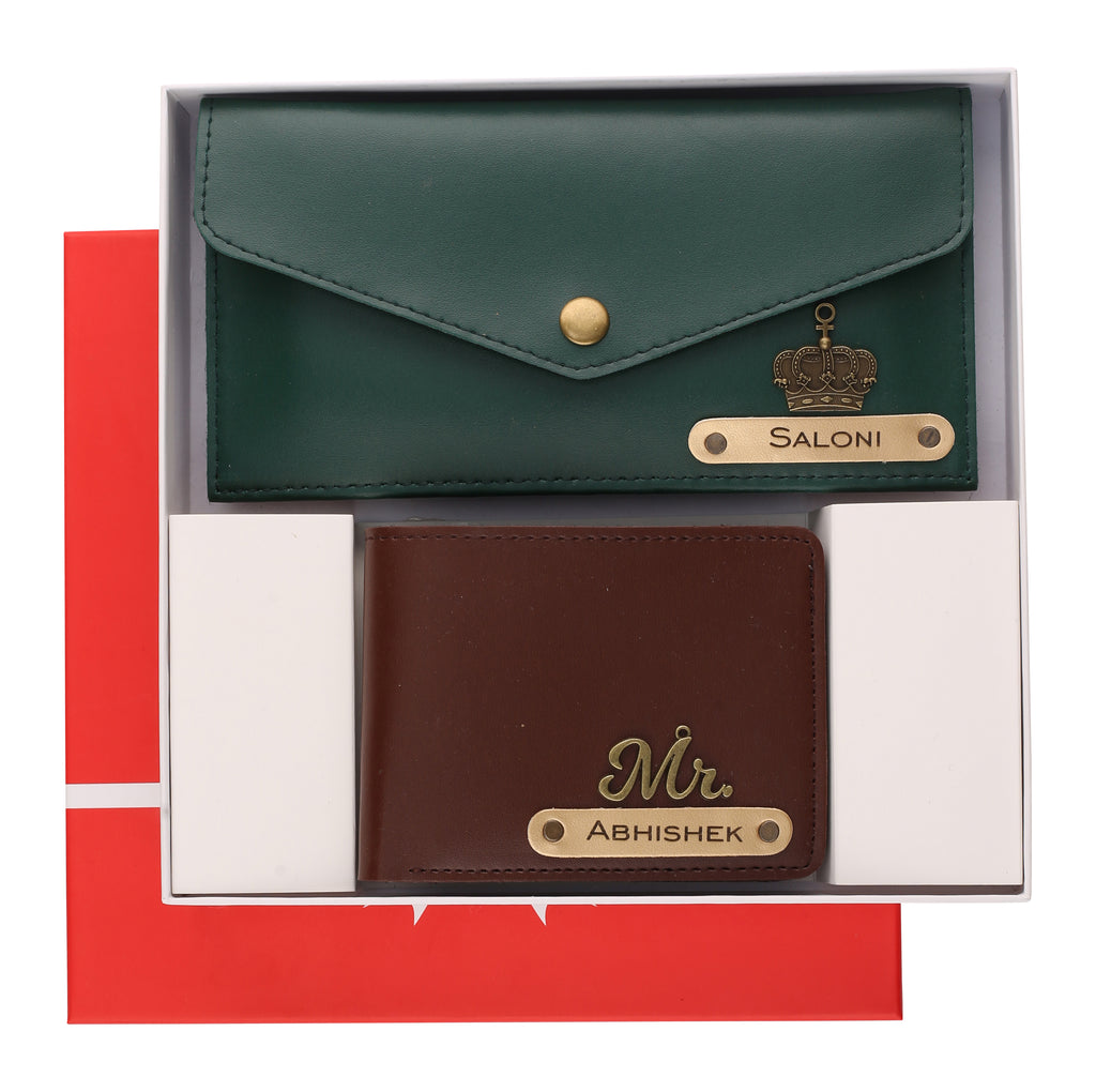 AICA Personalized Name, Charm & Color Couple Wallet For Men & Women Combo Gift Set | Marriage Wedding Anniversary Gift For Couples, Friend, Husband ,Wife