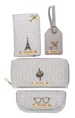 AICA Personalized Name & Charm Self-Textured Leather Wallet Womens Combo Giftset (BabyGrey)