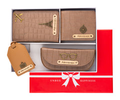 AICA Personalized Name & Charm Self-Textured Leather Wallet Men’s Combo Giftset (Brown)