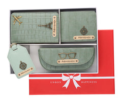 AICA Personalized Name & Charm Self-Textured Leather Wallet Mens Combo Giftset (MintGreen)