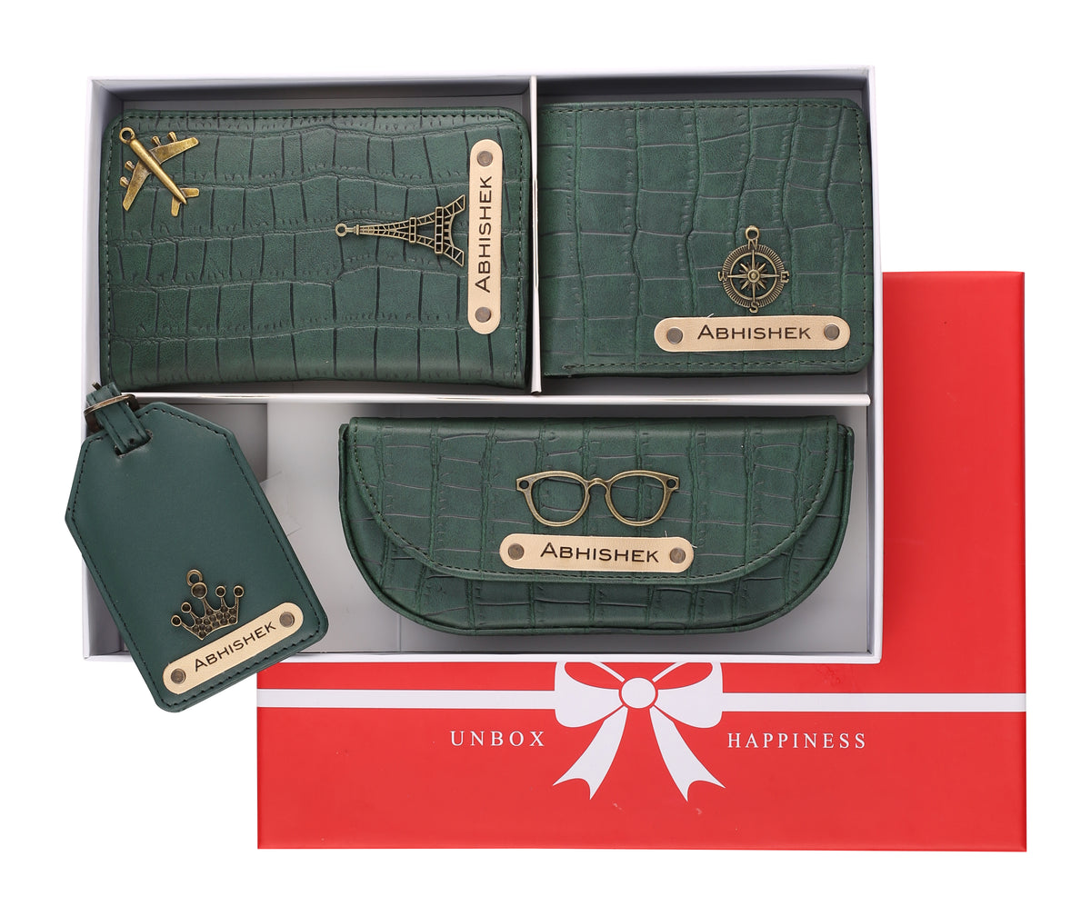 AICA Personalized Name & Charm Self-Textured Leather Wallet Mens Combo Giftset (DarkGreen)