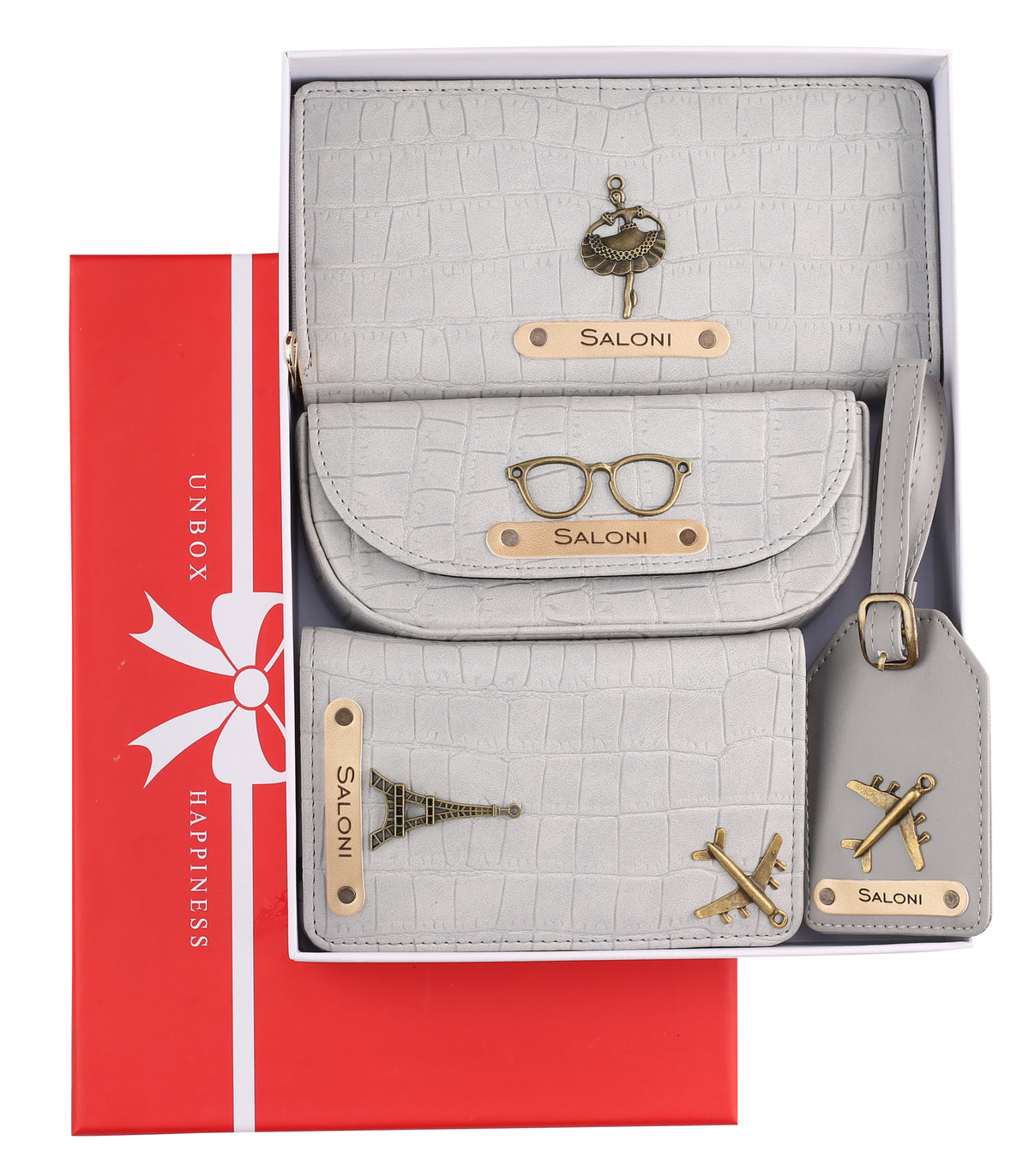 AICA Personalized Name & Charm Self-Textured Leather Wallet Womens Combo Giftset (BabyGrey)