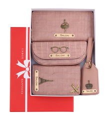 AICA Personalized Name & Charm Self-Textured Leather Wallet Women’s Combo Giftset (NudePink)