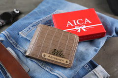 AICA Personalized Name & Charm Self – Textured Leather Mens Wallet (Brown)