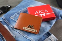 Aica Personalized Name & Charm Leather Mens Wallet (TanBrown)