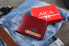 AICA Personalized Name & Charm Leather Wallet for Men (Wine)