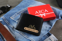 Aica Personalized Name & Charm Leather Wallet for Men (Black)