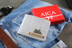 AICA Personalized Name & Charm Self – Textured Leather Mens Wallet (BabyGrey)