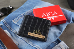 AICA Personalized Name & Charm Self – Textured Leather Mens Wallet (Black)