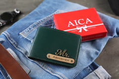 AICA Personalised Name & Charm Mens Leather Wallet (DarkGreen)