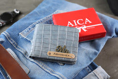 AICA Personalized Name & Charm Self – Textured Leather Mens Wallet (Dark Grey)