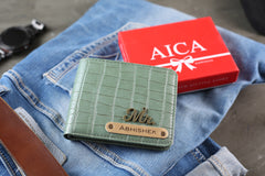 AICA Personalized Name & Charm Self – Textured Leather Mens Wallet (MintGreen)