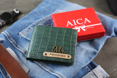 AICA Personalized Name & Charm Self – Textured Leather Mens Wallet (DarkGreen)