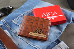 AICA Personalized Name & Charm Self – Textured Leather Mens Wallet (TanBrown)