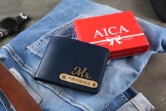 AICA Personalized Name & Charm Leather Wallet for Men (NavyBlue)