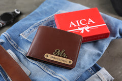 AICA Personalized Name & Charm Leather Mens Wallet (Darkbrown)