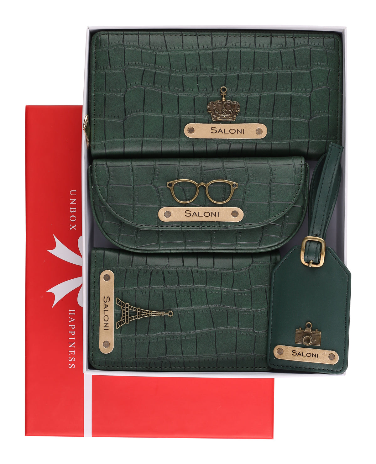 AICA Personalized Name & Charm Self-Textured Leather Wallet Combo Giftset for Women (DarkGreen)