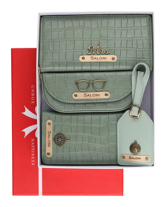 AICA Personalized Name & Charm Self- Leather Wallet Gift Set for Women (MintGreen)