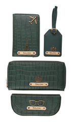 AICA Personalized Name & Charm Self-Textured Leather Wallet Combo Giftset for Women (DarkGreen)