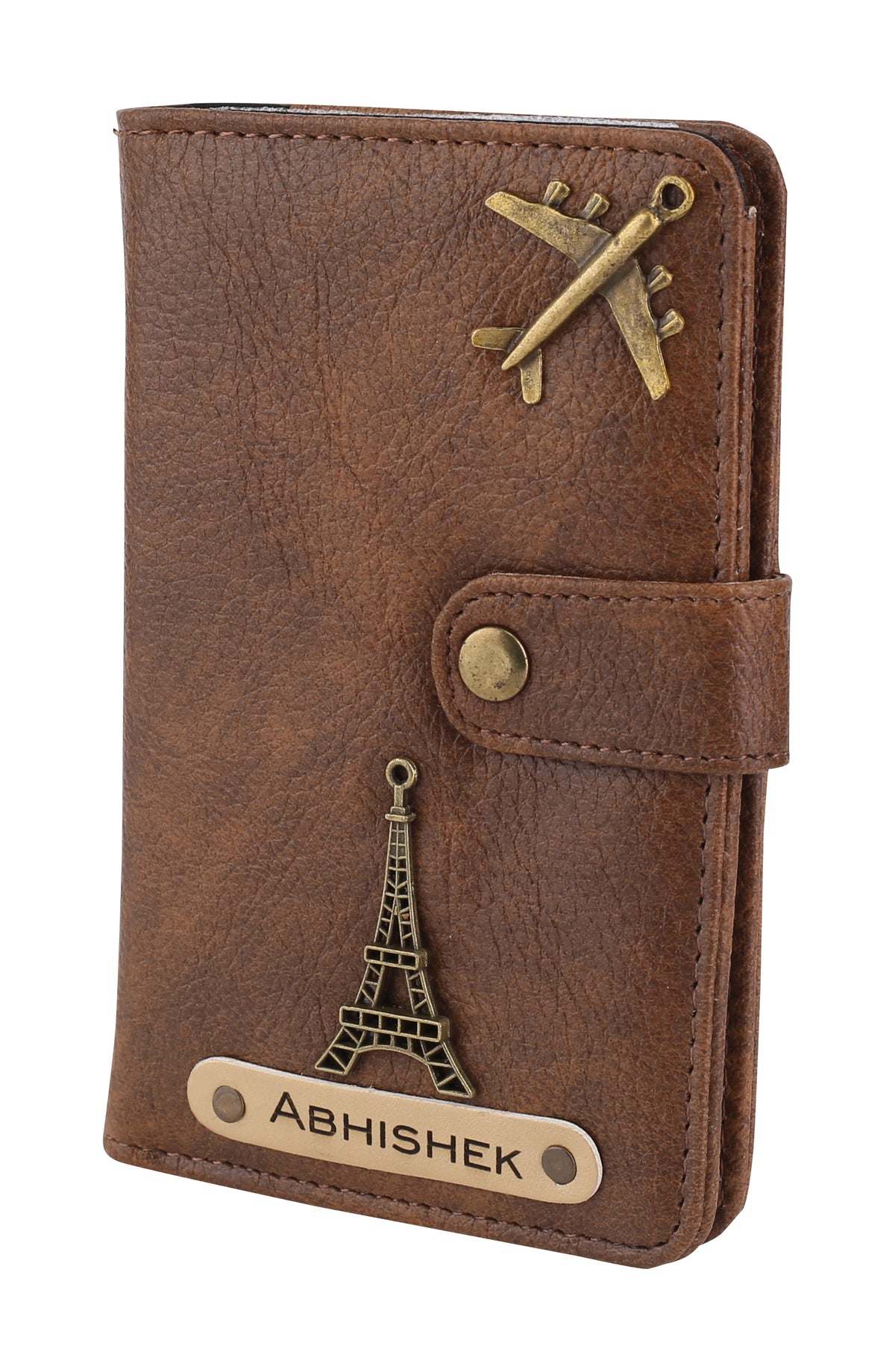 AICA Personalised Name & Charm Leather Passport Cover Holder for Men & Women (Brown)