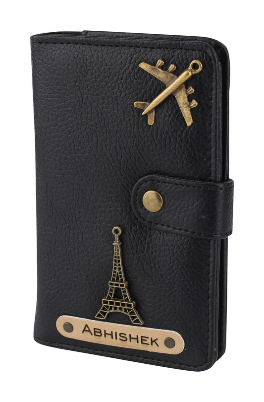 AICA Personalised Name & Charm Leather Passport Cover Holder for Men & Women (Black)