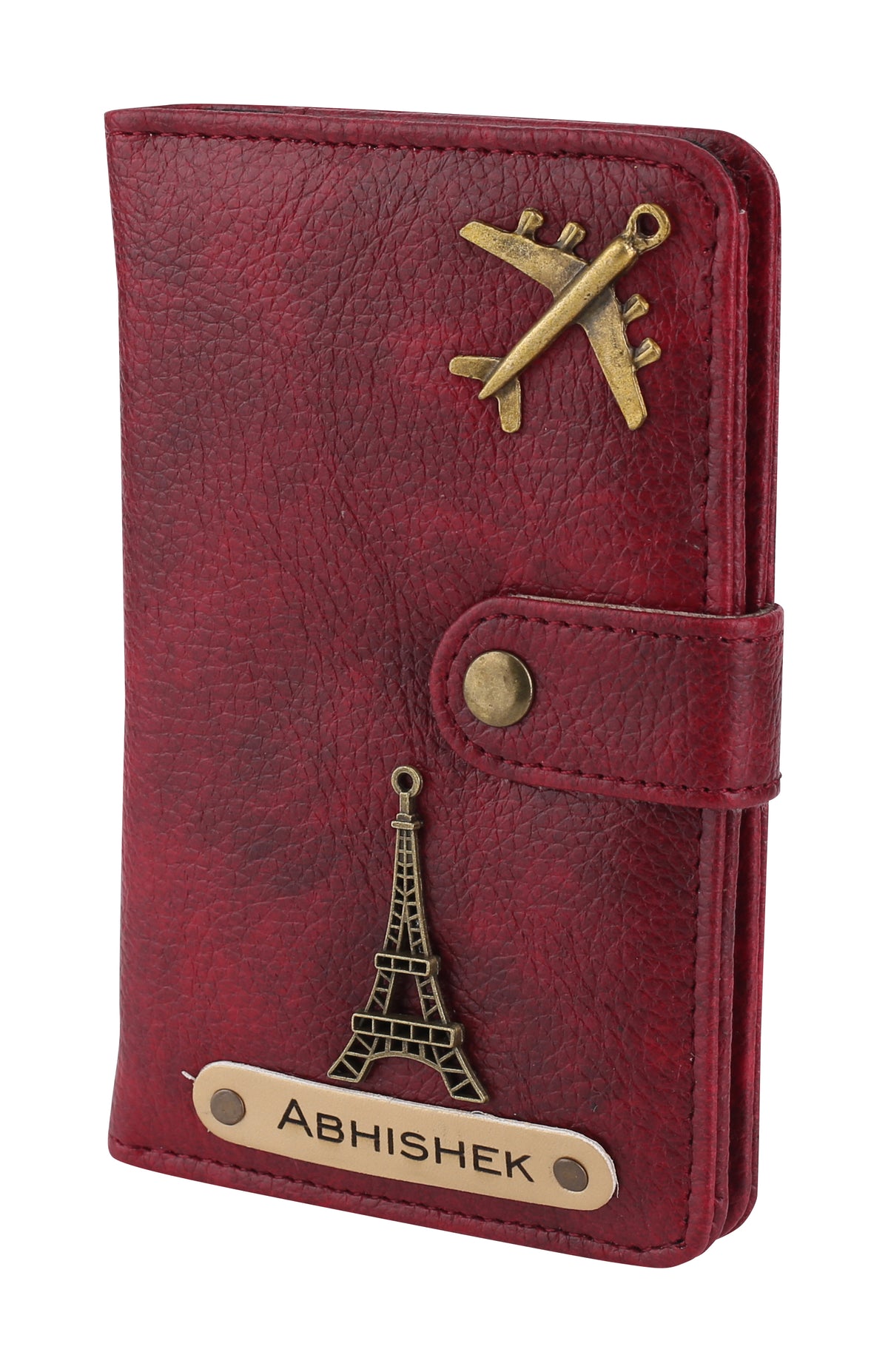 AICA Personalised Name & Charm Leather Passport Cover Holder for Men & Women (Maroon)