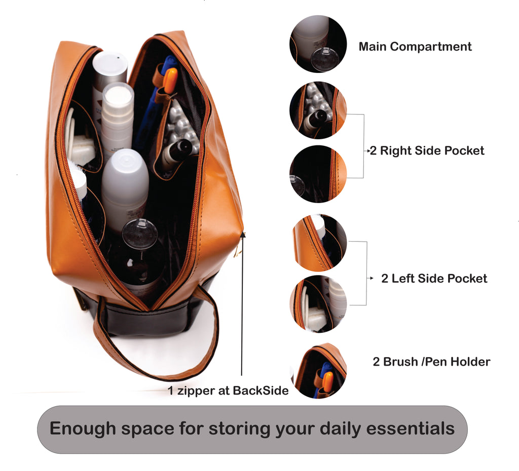 Personalized  Leather Dual Color - Toiletry Pouch  – TanBrown & Black