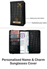 AICA Personalized Name & Charm Self-Textured Leather Wallet Women’s Combo Giftset (Black)