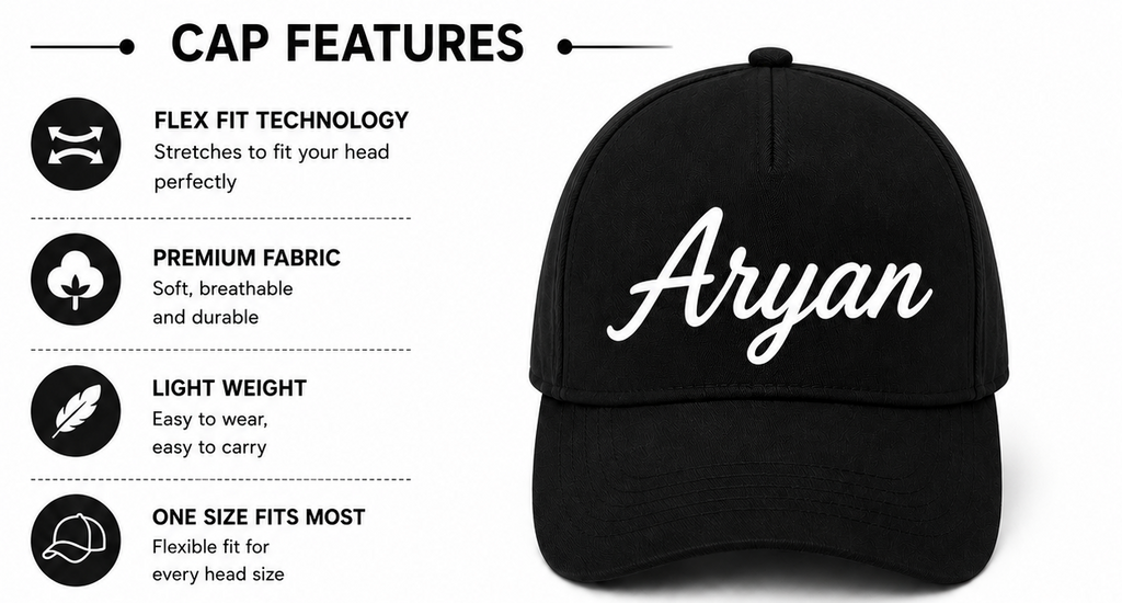 AICA Personalised Name Flex Cap for Kids | Free Size | Gifts for Kids (Black)