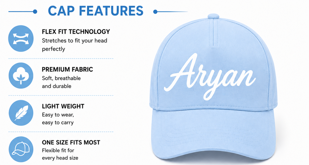 AICA Personalised Name Flex Cap for Kids | Free Size | Gifts for Kids (BabyBlue)