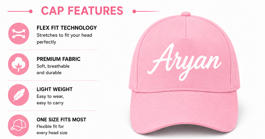 AICA Personalised Name Flex Cap for Kids | Free Size | Gifts for Kids (Pink)