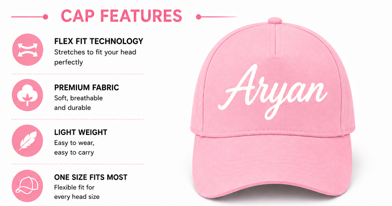 AICA Personalised Name Flex Cap for Kids | Free Size | Gifts for Kids (Pink)