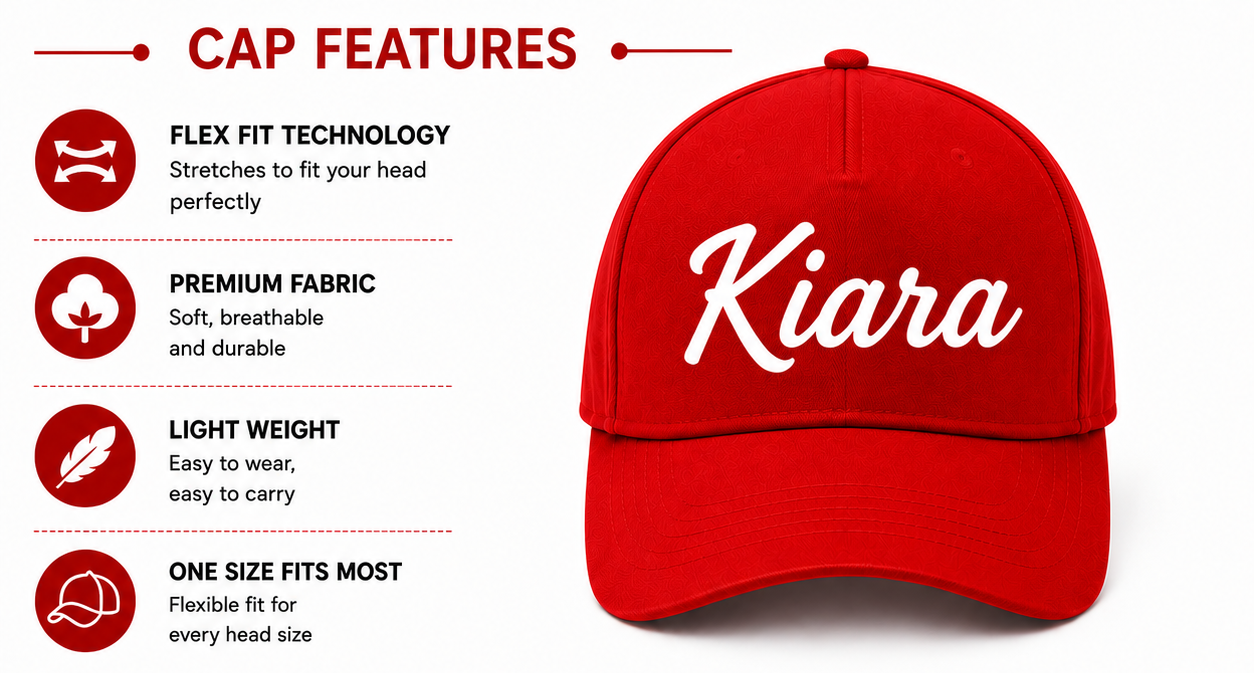 AICA Personalised Name Flex Cap for Kids | Free Size | Gifts for Kids (Red)