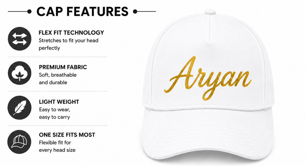 AICA Personalised Name Flex Cap for Kids | Free Size | Gifts for Kids (White)