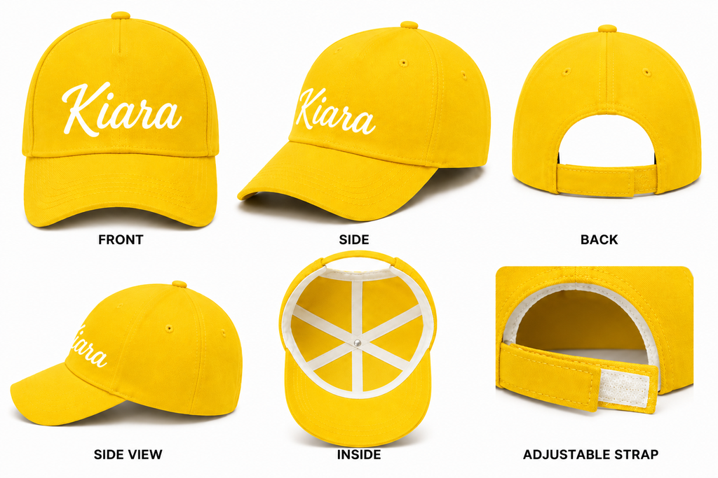AICA Personalised Name Flex Cap for Kids | Free Size | Gifts for Kids (Yellow)