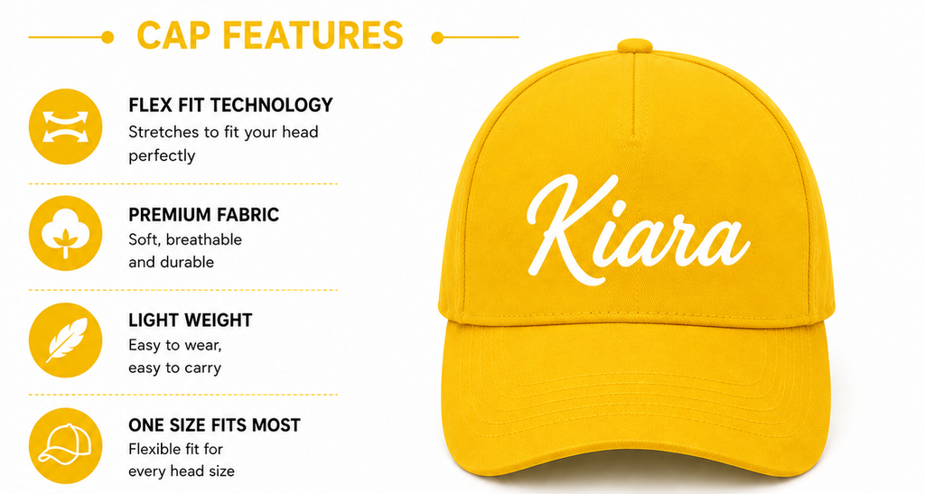 AICA Personalised Name Flex Cap for Kids | Free Size | Gifts for Kids (Yellow)
