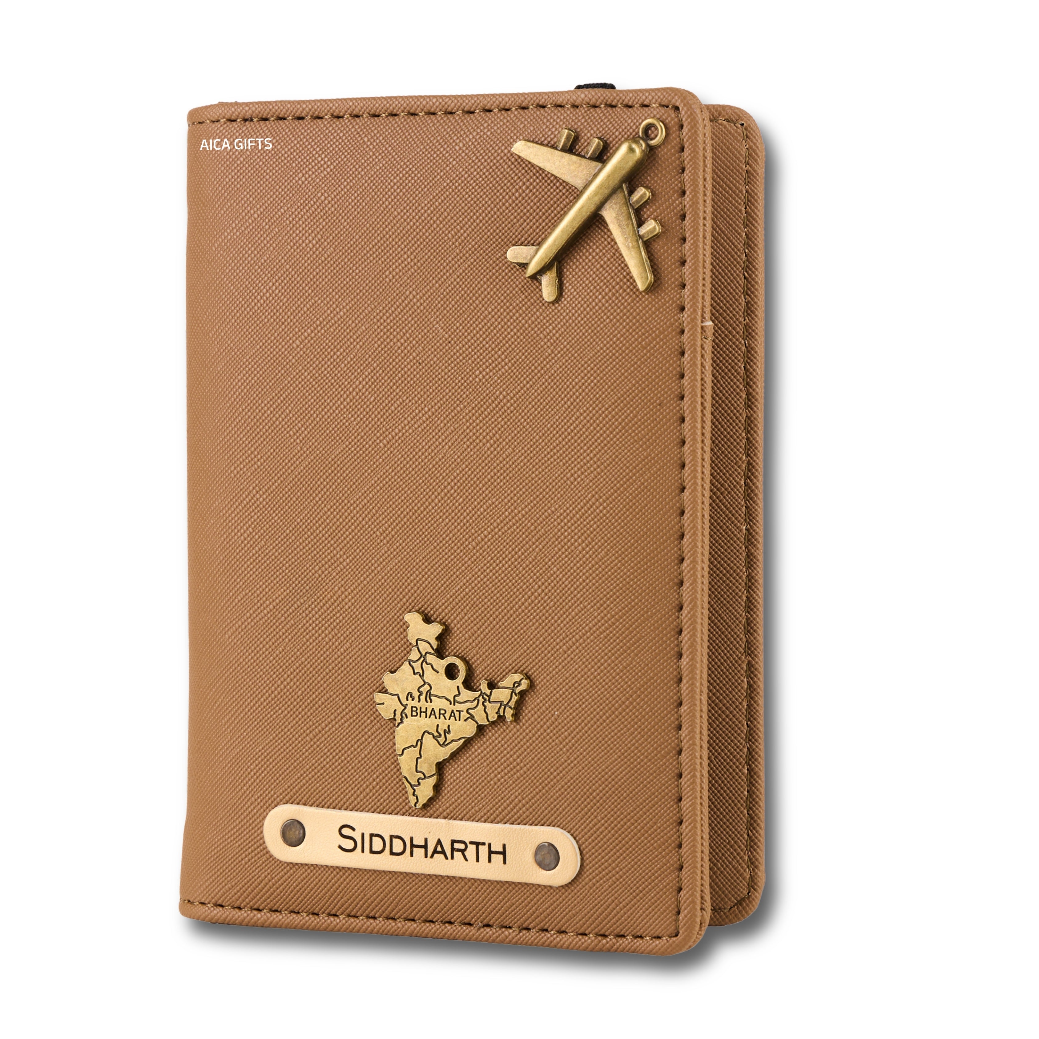 AICA Personalized Name & Charm Leather Passport Cover with 4 Card Slots, Secure Band & Boarding Pass Slot for Men & Women | Travel Passport Holder (Lightbrown)