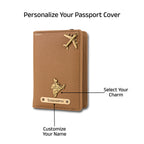 AICA Personalized Name & Charm Leather Passport Cover with 4 Card Slots, Secure Band & Boarding Pass Slot for Men & Women | Travel Passport Holder (Lightbrown)