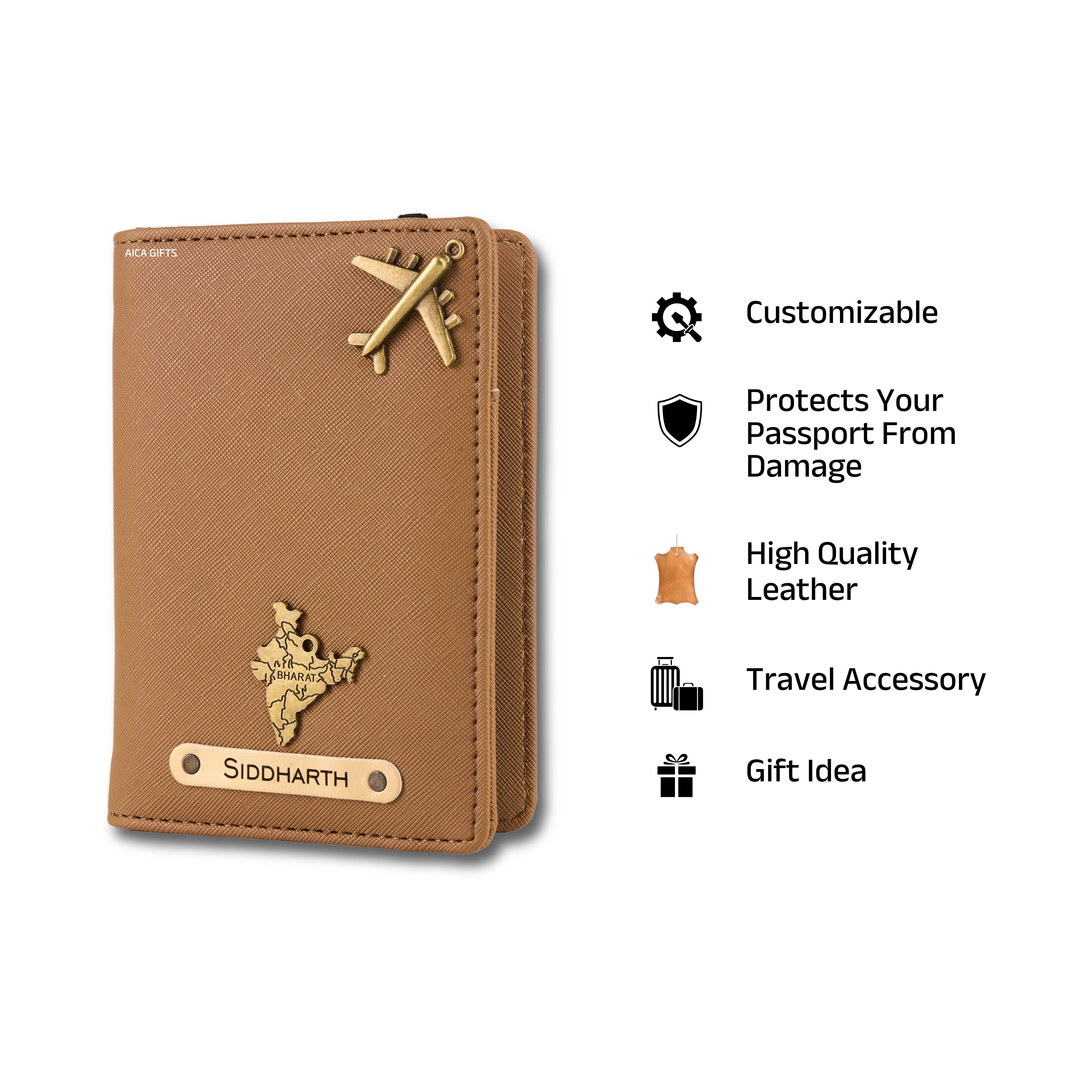 AICA Personalized Name & Charm Leather Passport Cover with 4 Card Slots, Secure Band & Boarding Pass Slot for Men & Women | Travel Passport Holder (Lightbrown)