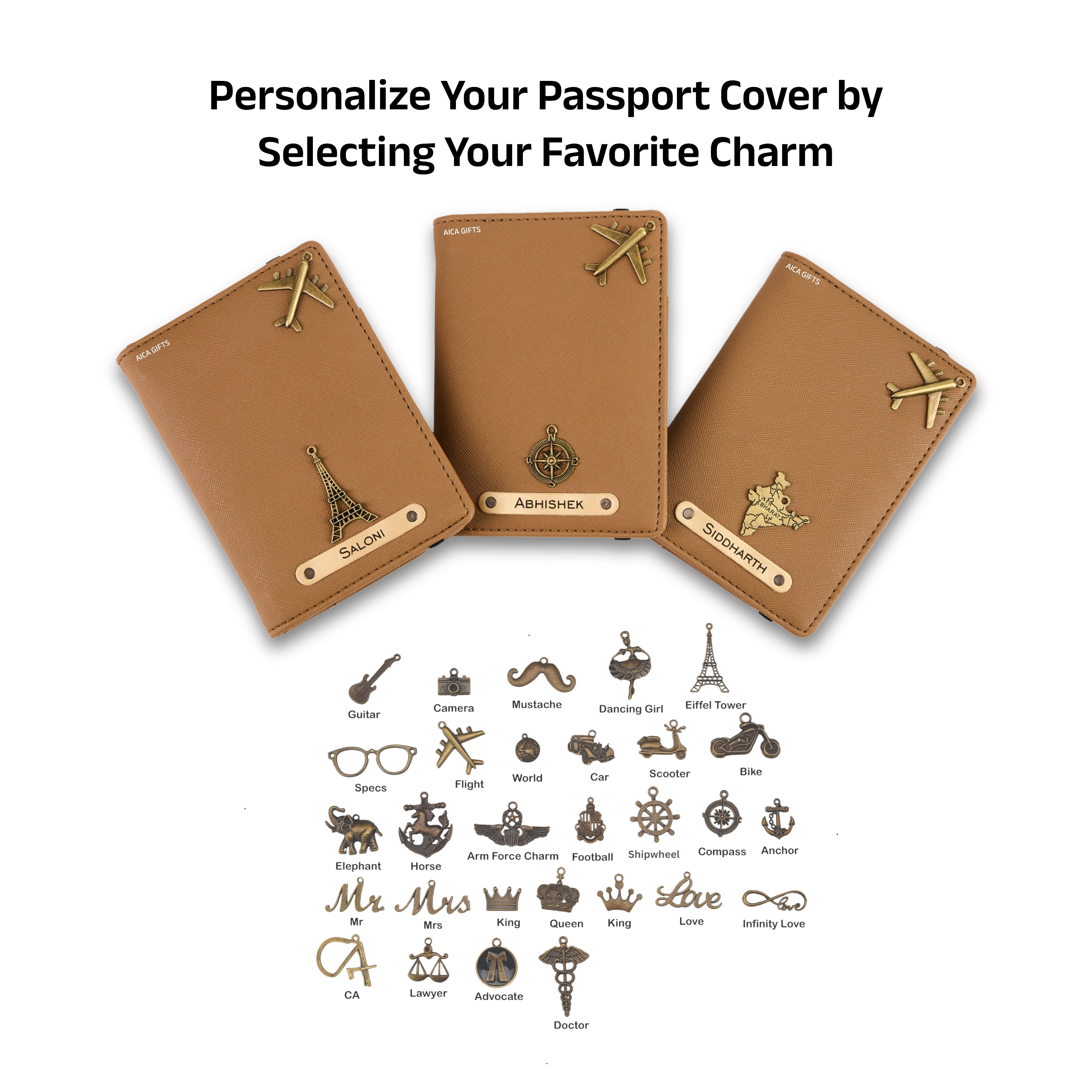 AICA Personalized Name & Charm Leather Passport Cover with 4 Card Slots, Secure Band & Boarding Pass Slot for Men & Women | Travel Passport Holder (Lightbrown)