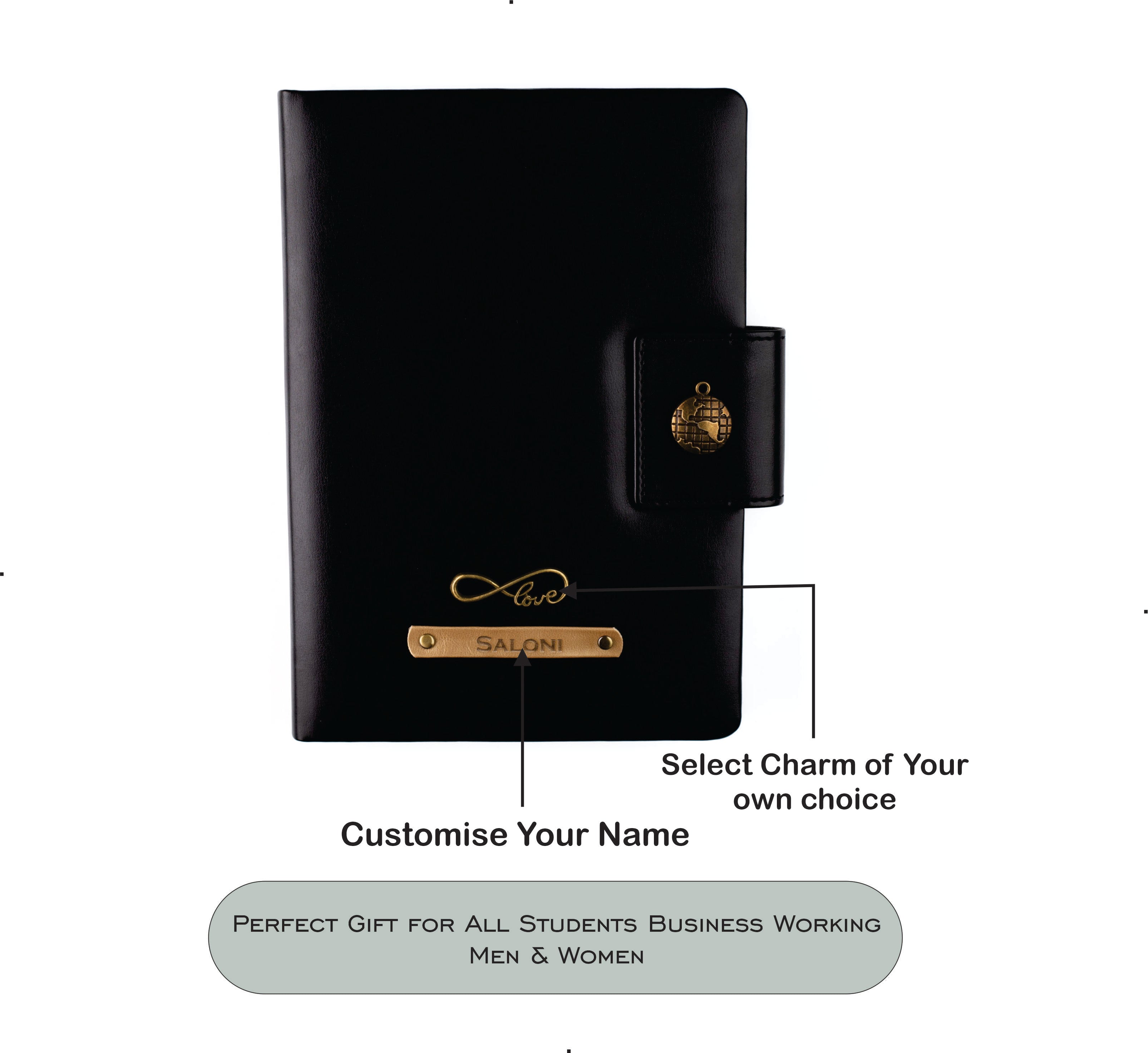 AICA Personalized Name & Charm Leather Notebook Diary -A5 Size, 200 Ruled Pages (Black)|Customized Christmas Secret Santa Daily Journal Diaries Diary Gifts for Men Women Friends Family Office Staff