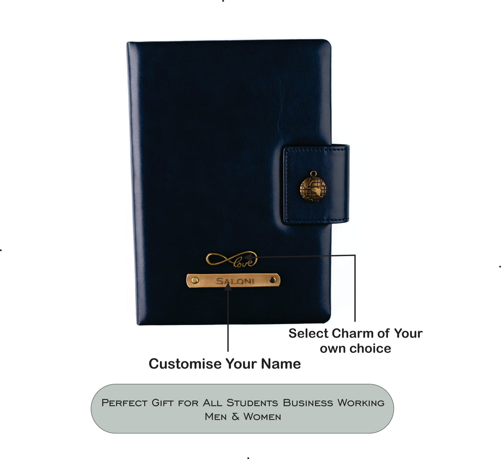Aica Personalized Name & Charm Leather Notebook Diary Organizer - A5 Size, 200 Ruled Pages (Navy Blue) for Men & Women | Customized Gift for Women Wife Mom Mother Sister | Journal for Personal Use