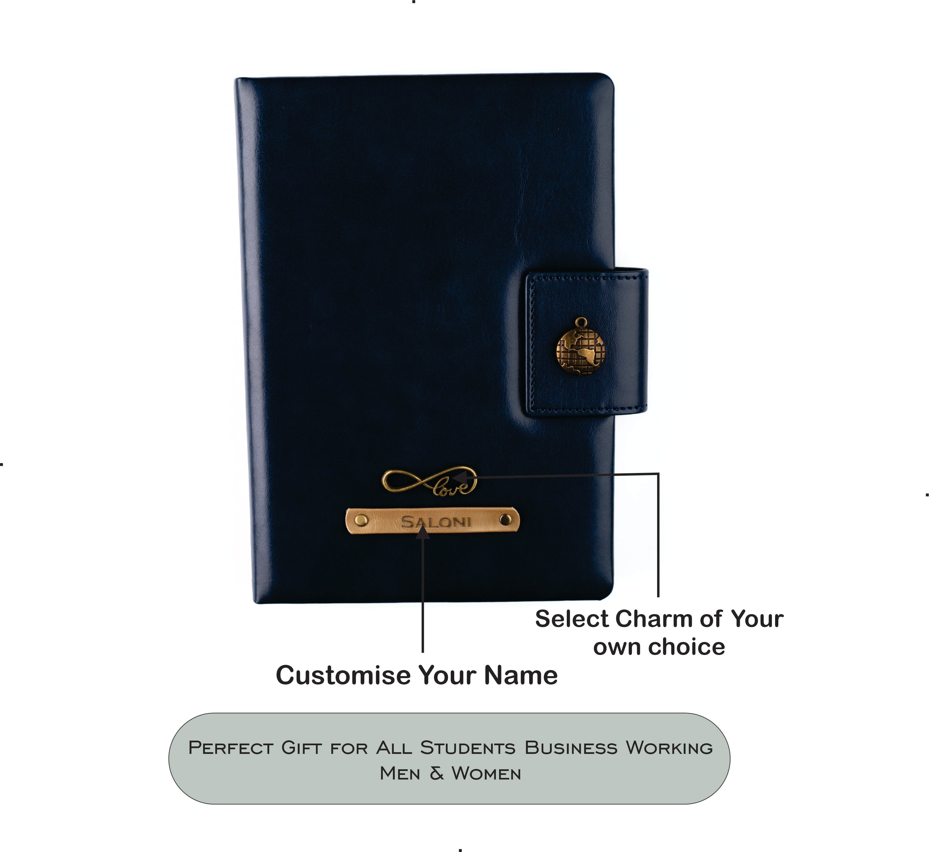 Aica Personalized Name & Charm Leather Notebook Diary Organizer - A5 Size, 200 Ruled Pages (Navy Blue) for Men & Women | Customized Gift for Women Wife Mom Mother Sister | Journal for Personal Use