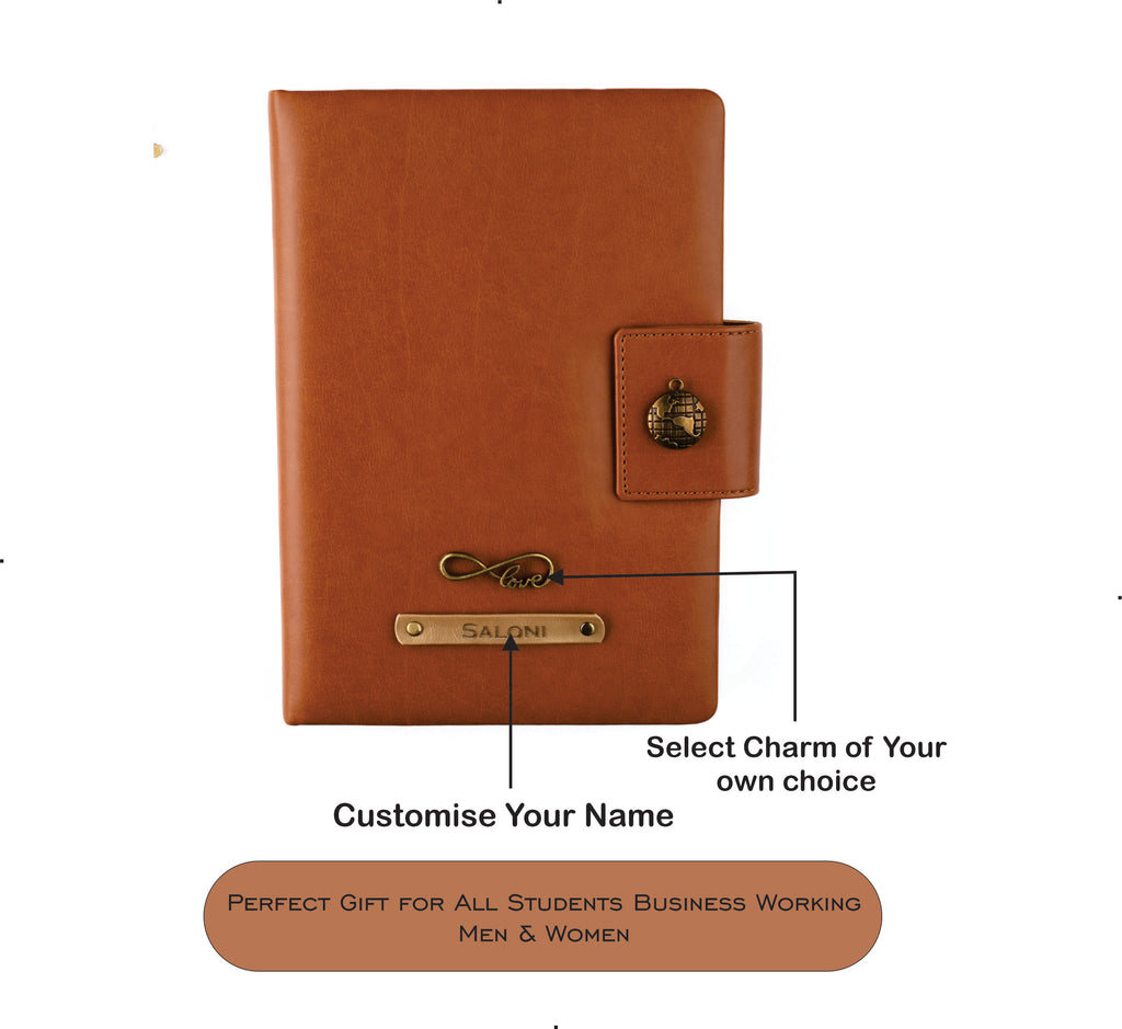 Aica Personalized Name & Charm Leather Notebook Diary - A5 Size 200 Ruled Pages (Tan Brown) for Men & Women | Customized Office Corporate Gift for Employees Clients Staff Colleague Retirement Farewell