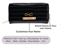 AICA Personalized Name & Charm Womens Leather Wallet - Black