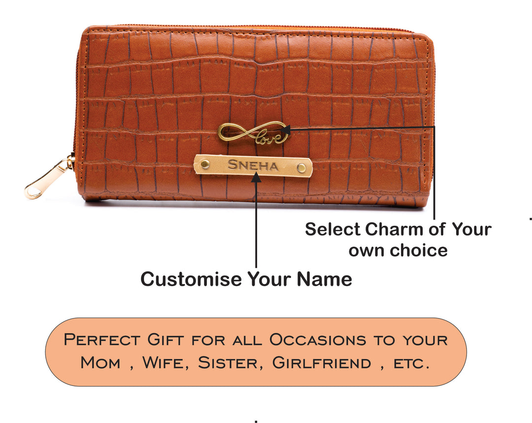 AICA Personalized Name & Charm Womens Leather Wallet - TanBrown