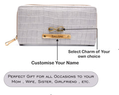 AICA Personalized Name & Charm Self-Textured Leather Wallet Womens Combo Giftset (BabyGrey)