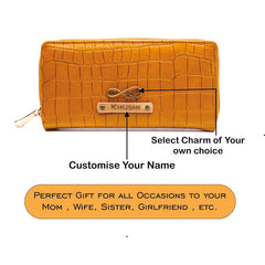 AICA Personalized Name & Charm Textured Leather Wallet Womens Combo Giftset (Yellow)