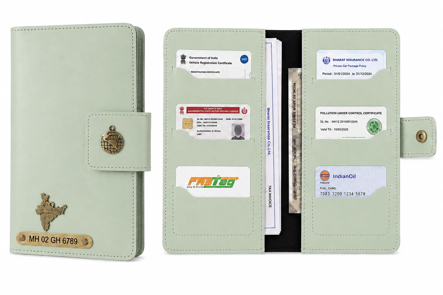AICA Personalized Name & Charm Long Leather Car Document Holder with RC, Insurance Papers, Card Slots & Cash Compartment for Men & Women (Mintgreen)