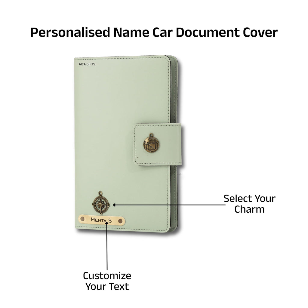 AICA Personalized Name & Charm Long Leather Car Document Holder with RC, Insurance Papers, Card Slots & Cash Compartment for Men & Women (Mintgreen)